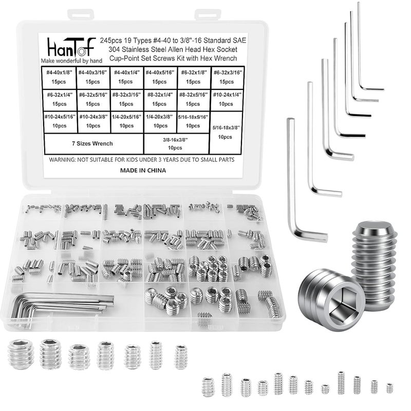 HanTof 245 Pcs 19 Sizes Set Screw Assortment Kit, SAE Allen Head Grub Screws for Bathroom Fixture, 304 Stainless Steel Internal Hex Drive Cup-Point for Door Knob, Faucets (#4-40 to 3/8"-16 UNC) - Image 1